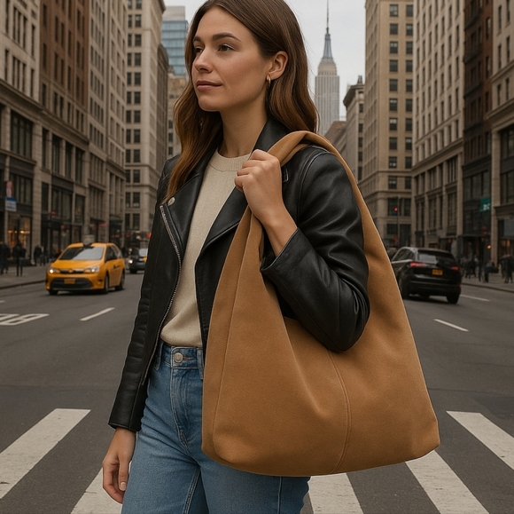American Leather Co. Handbags - American Leather Co Light Tan (Peanut) Suede Brooklyn Style Soft Slouchy Hobo